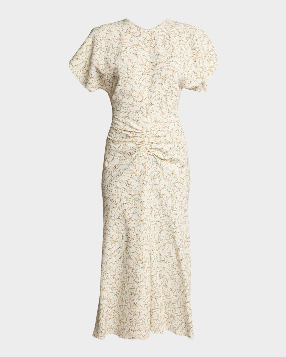 Gathered-Waist Short-Sleeve Ankle Dress